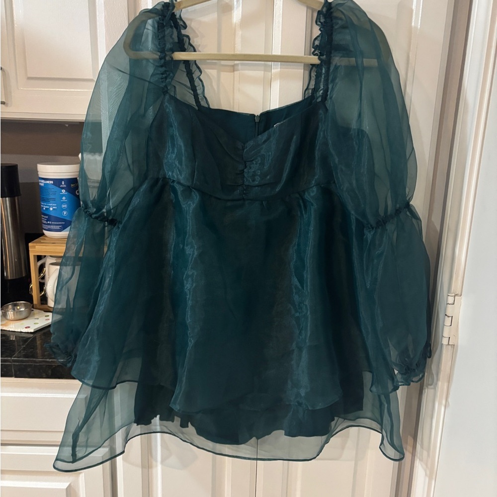 Altar'd State Teal Mini Dress with Sheer Sleeves - Picture 2 of 4